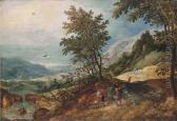 A Wooded Mountainous River Landscape With Travellers Conversing On A Path - view 1
