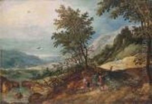 A Wooded Mountainous River Landscape With Travellers Conversing On A Path by Joos De Momper
