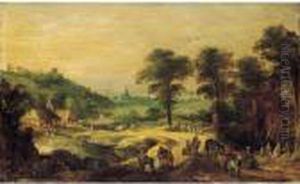 Extensive Landscape With Travellers On A Road Outside A Chateau With A Village Beyond by Joos De Momper