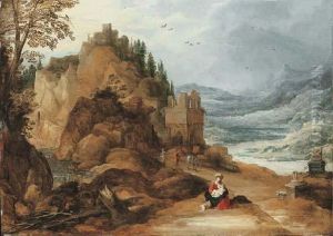 A Mountainous River Landscape With The Rest On The Flight Intoegypt by Joos De Momper