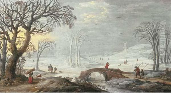 A Winter Landscape With Travellers And Peasants By A Bridge - view 1