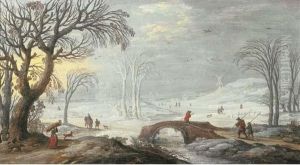 A Winter Landscape With Travellers And Peasants By A Bridge by Joos De Momper