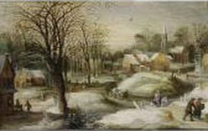 A Winter Landscape With A
Horseman, A Peasant With A Horse-drawn Cart And Figures On A Path, A
Village nearby by Joos De Momper