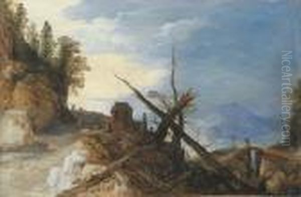 A Mountain Landscape With A Fallen Tree On A Path, A Bridge In Thedistance - view 1