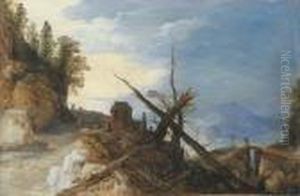 A Mountain Landscape With A Fallen Tree On A Path, A Bridge In Thedistance