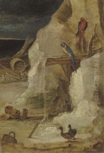 A Rocky Landscape With Parrots And Ducks by Joos De Momper