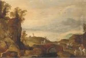 An Alpine Landscape With Travellers On A Bridge by Joos De Momper
