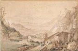 An Extensive Mountainous Landscape With Travellers Crossing Abridge by Joos De Momper