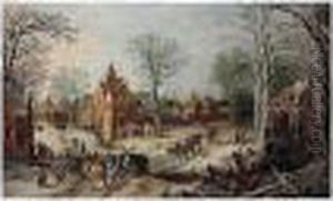 A Winter Landscape With A Cart On A Wooded Road And A Village Beyond by Joos De Momper
