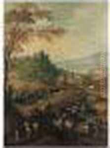 A Rocky Landscape With Cattle Travelling On A Road by Joos De Momper