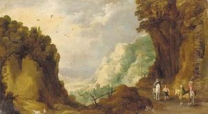 An Extensive Rocky Landscape With Travellers On A Track, A Valley Beyond by Joos De Momper
