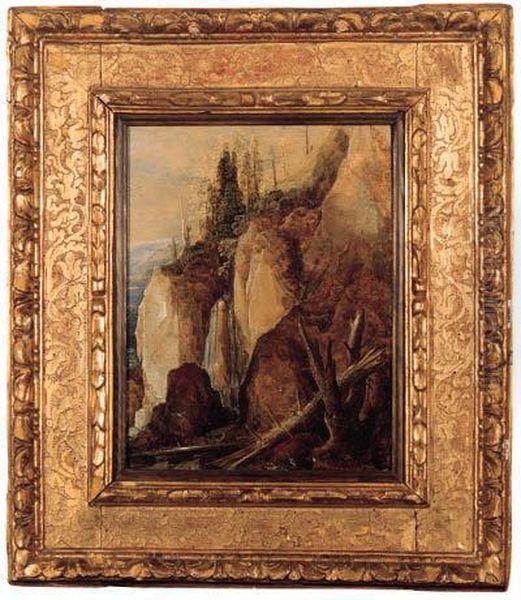 A Fallen Tree By A Waterfall In A Mountainous Landscape, A Valleybeyond - A Fragment - view 1
