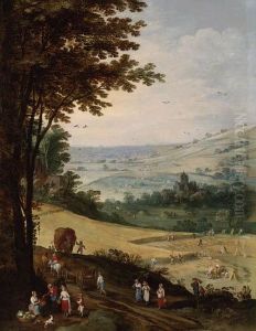 Peasants Harvesting, An Extensive Landscape With A Churchbeyond by Joos De Momper