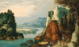 An Alpine Landscape With Travellers And Gypsies On A Path