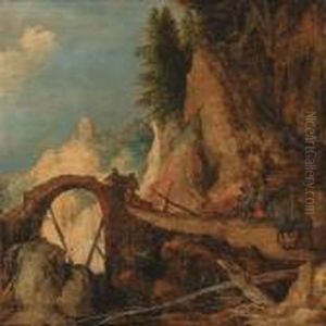 A Mountain Landscape With
Travellers On A Path Approaching A Bridgeover A Gorge - A Fragment (?) A Mountain Landscape With
Travellers On A Path Approaching A Bridgeover A Gorge - A Fragment (?)