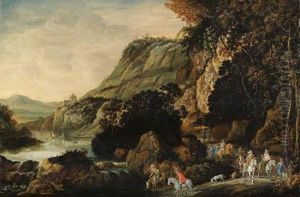 An Extensive Rocky River Landscape With An Elegant Party Onhorseback On A Track