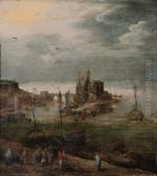 A Harbor With Fisherfolk Gathered On The Shore And Boats Moorednearby, A Castle Beyond - view 1