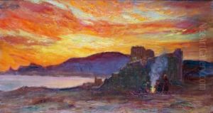 Feu De Bois Au Crepuscule Pres D'unrivage Mediterraneen by Francois Richard De Montholon