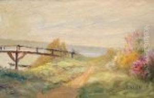 Fruhlingshafte Landschaft Mit
Kleiner Holzbrucke Uber Von Bluhenden Buschen Flankiertem Fluss. by Francois Richard De Montholon