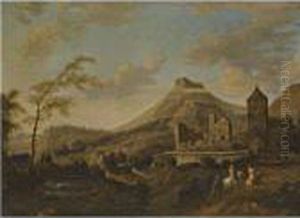 A Fluvial Landcape With Figures Riding Towards A Castle by Frederick De Moucheron