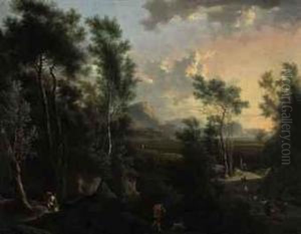 Figures In A Valley Landscape At Dawn - view 1