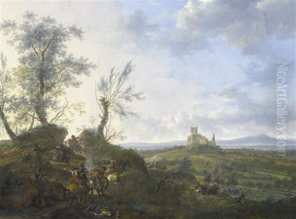 Large Landscape With A Cavalry Combat Andtown Ruins In Background. - view 1