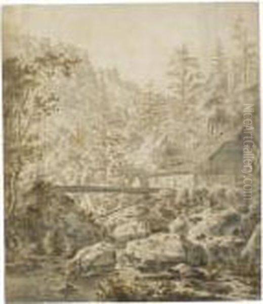 Mountainous River Landscape With Buildings And A Bridge Over Ariver - view 1