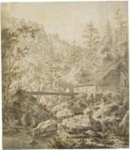 Mountainous River Landscape With Buildings And A Bridge Over Ariver Mountainous River Landscape With Buildings And A Bridge Over Ariver