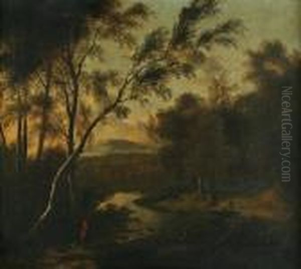 A River Landscape At Sunset With Travelers In The Foreground - view 1
