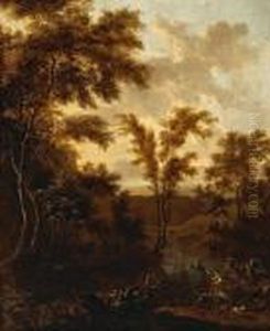 An Italianate Landscape With Animals Andfigures Fording A River by Frederick De Moucheron