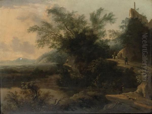 A Wooded Rocky Landscape With Travellers - view 1