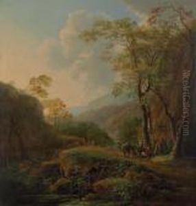 A Wooded Italianate Landscape With Travelers On A Path by Frederick De Moucheron