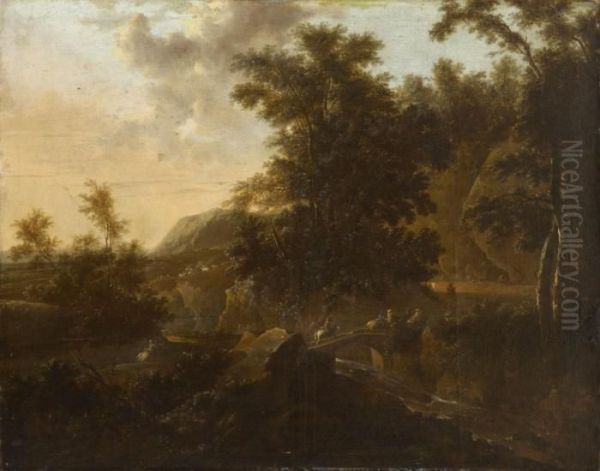 Felsige Flusslandschaft Mit Reitern - view 1