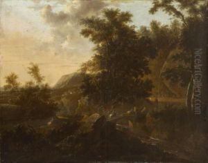 Felsige Flusslandschaft Mit Reitern by Frederick De Moucheron