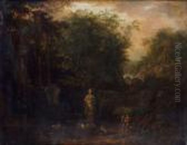 Paysage Boise Avec Un Berger 
Jouant De La Flute Pres D'une Statue Antique Et De Ruines Romaines, 
Vasque, Portique Et Tombeau. - view 1