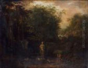 Paysage Boise Avec Un Berger
Jouant De La Flute Pres D'une Statue Antique Et De Ruines Romaines,
Vasque, Portique Et Tombeau. by Frederick De Moucheron