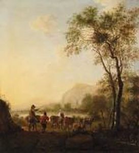 Sherherds With Their Cattle In A Vast River Landscape by Frederick De Moucheron