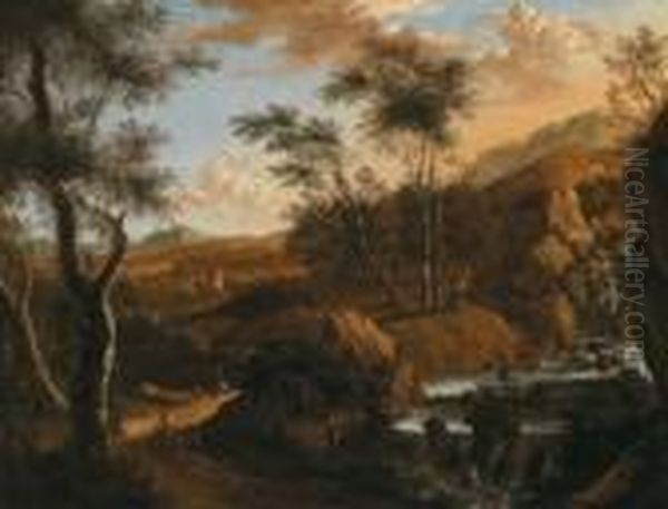Paesaggio Roccioso Boschivo Meridionale Con Cascata E Cavalieri - view 1