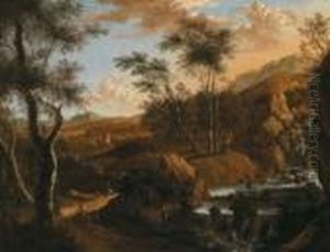Paesaggio Roccioso Boschivo Meridionale Con Cascata E Cavalieri by Frederick De Moucheron