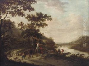 A River Landscape With Travellers On A Track, A Bridge Beyond A River Landscape With Travellers On A Track, A Bridge Beyond