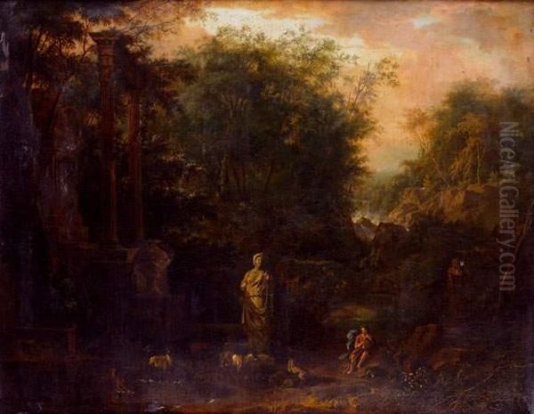 Paysage Boise Avec Un Berger 
Jouant De La Flute Pres D'une Statue Antique Et De Ruines Romaines, 
Vasque, Portique Et Tombeau - view 1