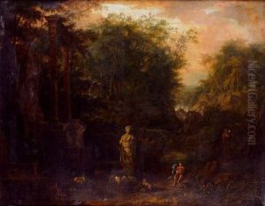 Paysage Boise Avec Un Berger
Jouant De La Flute Pres D'une Statue Antique Et De Ruines Romaines,
Vasque, Portique Et Tombeau by Frederick De Moucheron