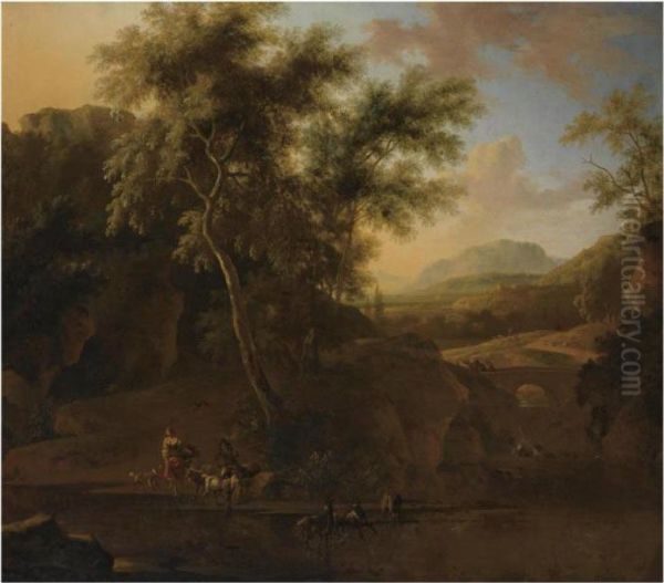 An Italianate Wooded River
Landscape With Shepherds And Their Herdof Goats In The Foreground, Two
Travellers And A Donkey On Thebridge Beyond - view 1