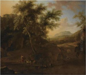 An Italianate Wooded River 
Landscape With Shepherds And Their Herdof Goats In The Foreground, Two 
Travellers And A Donkey On Thebridge Beyond