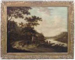 A River Landscape With Travellers On A Country Track, A Bridgebeyond