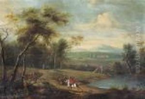 A Wooded River Landscape With Falconiers On Horseback, A Mansionbeyond