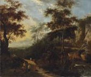 An Extensive Italianate Landscape With Travellers On A Woodedtrack by Frederick De Moucheron