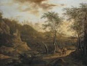 A Wooded River Landscape With A Traveller On A Track by Frederick De Moucheron