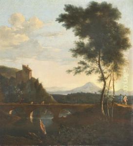 A Mountainous River Landscape With A Herdsman On A Bridge by Frederick De Moucheron