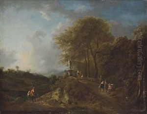A Wooded River Landscape With Anglers On A Track, Other Figures On A Bridge By A Statue by Frederick De Moucheron